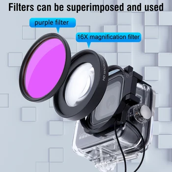 16X Макро Водонепроницаемый фильтр для GoPro 11 10 9 8 Черный Оригинальный погружной фильтр цвета фуксии + Крышка объектива + Аксессуар для экшн-камеры