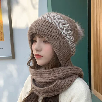 2021 Зимняя Женская шапка, Шарф, Бини из шерсти корейского кролика, Теплая защита ушей, чистый цвет, Повседневная вязка