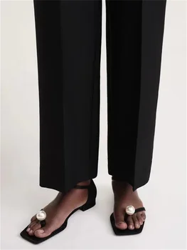 2023, Весенне-летние новые женские босоножки с жемчугом, женские черные туфли на низком каблуке с минимальным атласным квадратным носком