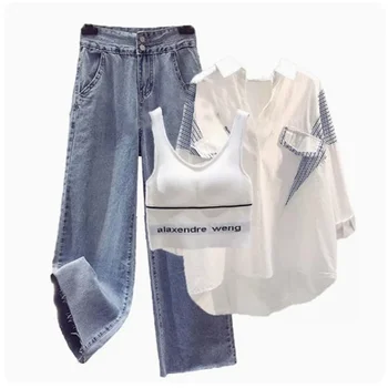 2023 Новая корейская версия Летнего женского комплекта из двух предметов, рубашка в западном стиле, Женские облегающие Живот Тонкие Универсальные джинсы-тройка