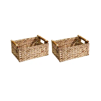 3X Плетеная корзина Прямоугольная с деревянными ручками для полок, Корзина для хранения гиацинта, Натуральные корзины для организации