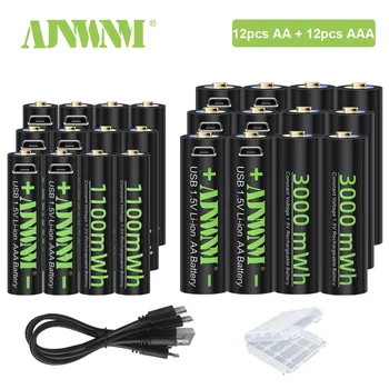 AJNWNM 1,5 В Литий-ионные AAA USB Аккумуляторные батареи 1100 МВтч + AA 1,5 В USB AA Аккумуляторная батарея 3000 МВтч с USB-кабелем