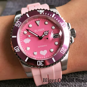 BLIGER Новые розовые автоматические мужские часы с рисунком свиньи, 24 драгоценных камня, механизм NH35A, резиновая лента с загнутым концом, Циклопическая заводная головка с завинчивающейся датой