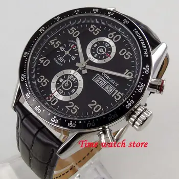 Corgeut 44 мм Автоматические мужские наручные часы с дисплеем недели и даты, календарь, многофункциональный черный циферблат, кожаный ремешок, механизм Hangzhou 2350