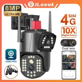 JLeeok 4K 8MP 4G SIM-карта с Двумя Объективами PTZ-Камера с Двойным Экраном AI Отслеживание Человека WIFI Безопасность CCTV IP-камера Наблюдения V380 PRO