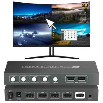KVM 4x1 Quad Multi-viewer, Общий доступ к 4 компьютерам, 1 Экранная клавиатура и мышь + На одном экране Отображается рамка для 4 компьютеров для мониторинга видеорегистратора