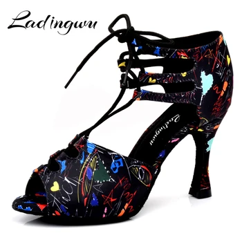 Ladingwu/ Новые танцевальные туфли для девочек, Атласные туфли на шнуровке с цветочным Рисунком, Туфли для Латинских Танцев, Женская обувь для бальных Танцев Samba, Обувь на мягкой подошве, Размер