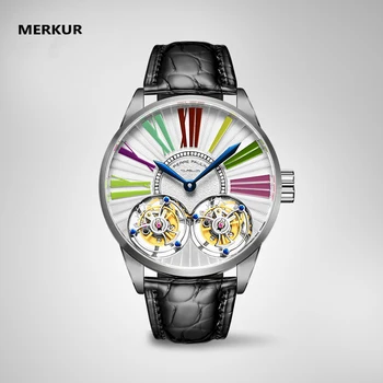 MERKUR Luxury True Double Tourbillon Ручные Механические Часы Деловые Классические Мужские Часы Из Сапфировой Стали Reloj Hombre