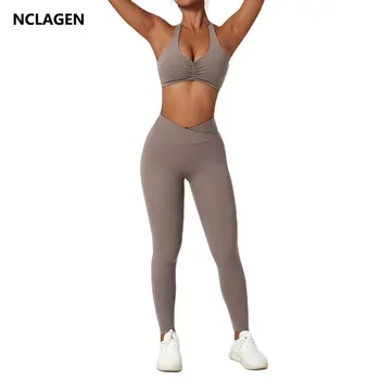 NCLAGEN, Женская спортивная одежда, Комплект для йоги, 2 предмета, Быстросохнущий Спортивный костюм, Бюстгальтер, Леггинсы, Высокоэластичный Сексуальный Спортивный костюм для бега, Фитнес-костюм