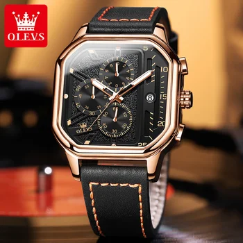 OLEVS Кварцевые высококачественные квадратные мужские наручные часы с модным ремешком из натуральной кожи, водонепроницаемые часы для мужчин, светящийся календарь