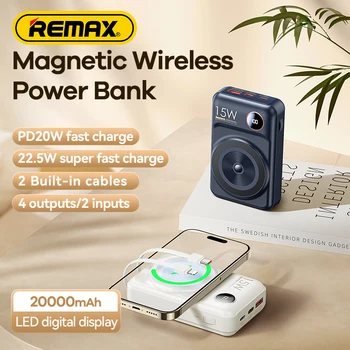 Remax Power Bank 20000 мАч Мобильное зарядное устройство Встроенный 2 кабеля Портативный внешний аккумулятор Быстрая зарядка для iPhone14 Xiaomi