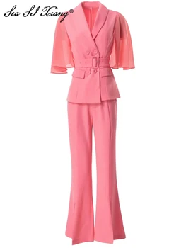 Seasixiang, модный дизайнерский весенний костюм, Женский плащ с рукавом, Двубортный топ с поясом + расклешенные брюки, однотонный офисный женский комплект из двух предметов