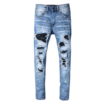 Sokotoo/мужские лоскутные светло-голубые рваные джинсы в стиле пэчворк со стразами, облегающие обтягивающие джинсовые брюки стрейч