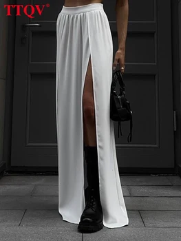 TTQV / Модные белые прямые женские юбки 2023, Элегантные юбки с высокой талией и разрезом по бокам, повседневная однотонная юбка в пол, уличная одежда