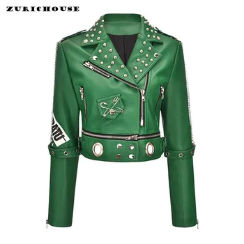 ZURICHHOUSE, Зеленая куртка из искусственной кожи с заклепками в стиле стимпанк, Женская Тонкая Короткая Уличная одежда, пальто с отворотом и принтом 