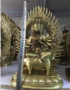 Большая 30 см бронзовая трехликая восьмирукая статуя буддийских богов Верхом на свинье Morizhitian, невидимая на солнце