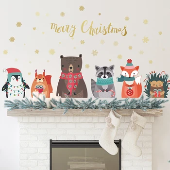 Веселого Рождества, Мультяшные животные, Медведь, Лиса, Наклейки на стены для гостиной, спальни, Декоративные наклейки на стены для дома, Фестивальные наклейки из ПВХ