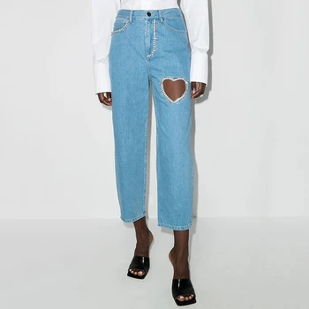 Весенне-летние новые женские прямые хлопчатобумажные укороченные брюки с высокой талией y2k, модные открытые джинсы с высокой уличной инкрустацией бриллиантами