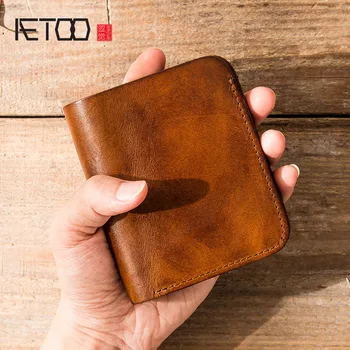 Винтажный кожаный бумажник ручной работы AETOO, мужской многофункциональный кошелек из кожи растительного дубления, молодежный художественный кошелек для монет