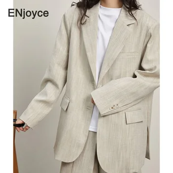 Винтажный льняной блейзер с широкими лацканами, пальто, Женская одежда, Корейский стиль, Модный Свободный костюм, куртка, Классическое женское пальто, весна-осень