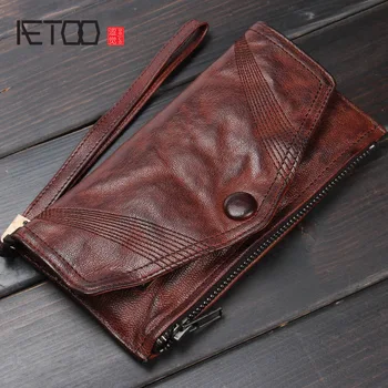 Винтажный мужской кожаный бумажник AETOO, однослойный кожаный кошелек с пряжкой, клатч
