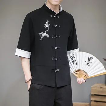 Винтажный хлопковый льняной костюм Танг с пряжкой и вышивкой Журавля, топ с короткими рукавами, мужская Свободная рубашка в китайском стиле, куртка Танг Кунг-фу