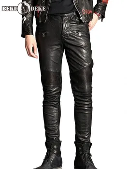 Высококачественные Мужские обтягивающие мотоциклетные байкерские брюки из овчины и натуральной кожи, облегающие брюки-карандаш, осенние плотные теплые брюки для верховой езды