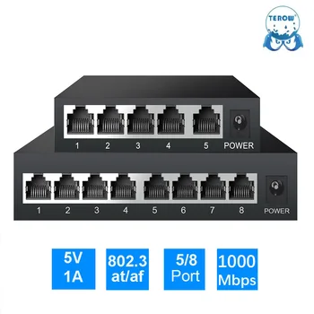 Гигабитный сетевой коммутатор TEROW 5-8 Портов 1000 Мбит/с 802.3at/af Ethernet RJ45 КОНЦЕНТРАТОР для IP-камеры, NVR, Видеонаблюдения