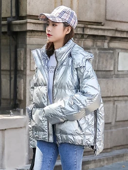 Глянцевый Короткий Пуховик, женское зимнее пальто больших размеров, Свободная Хлопчатобумажная куртка, Хлебные пальто