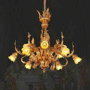 Европейский подвесной светильник для гостиной, резной абажур из медного стекла, Французская роскошная столовая, Вилла, Латунная люстра