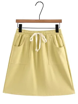 Женская одежда больших размеров, Полупальто, Эластичная талия Со шнурком, однотонная нерастягивающаяся мини-юбка с карманом, летняя юбка