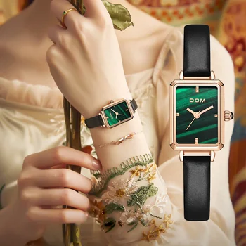 Женские часы DOM с маленьким зеленым диском, Модные Роскошные Трендовые Повседневные водонепроницаемые кожаные женские часы для плавания G-1337