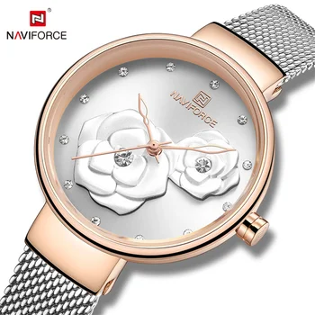 Женские часы NAVIFORCE, элитный бренд, стальная сетка, водонепроницаемые Женские часы, Цветочные кварцевые женские наручные часы, Очаровательные часы для девочек