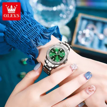 Женские часы OLEVS 9945 из нержавеющей стали, роскошный бриллиантовый ободок, водонепроницаемые, светящиеся женские кварцевые наручные часы, модные женские часы