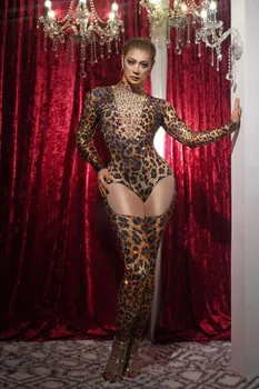 Женское Сексуальное Боди с леопардовым принтом, обтягивающее боди со стразами и длинным рукавом, платье для выступления Танцовщицы, Певицы