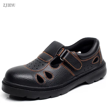 Защитная обувь на резиновой подошве, мужские защитные ботинки, черные дышащие ботинки со стальным носком, кожаная легкая летняя рабочая обувь для мужчин