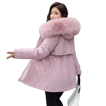 Зимняя куртка, Новинка 2023, Корейская женская парка, шерстяное пальто с подкладкой, Куртка с капюшоном, меховой воротник, толстая теплая зимняя одежда, парка с подкладкой