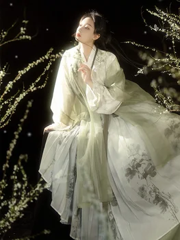 Китайская традиционная одежда Hanfu, летняя тонкая длинная юбка с вышитыми цветами элегантного зеленого цвета