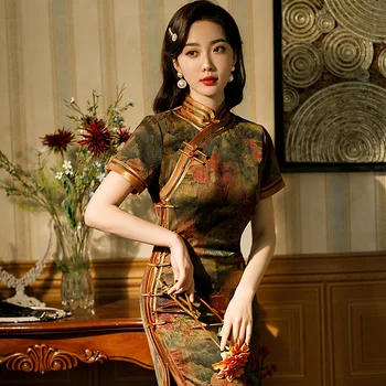Китайское традиционное платье с винтажным принтом, Осеннее улучшенное платье Чонсам с коротким рукавом, Повседневные женские вечерние платья Ципао с цветочным рисунком