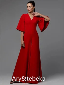 Комбинезоны Минималистичное Вечернее платье для Помолвки, V-образный вырез, Половина рукава, длина до пола, Атлас со складками 2021