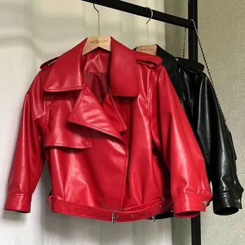 Короткая мотоциклетная кожаная куртка для женщин, пальто для отдыха, красная, весна и осень, Новинка, 2023