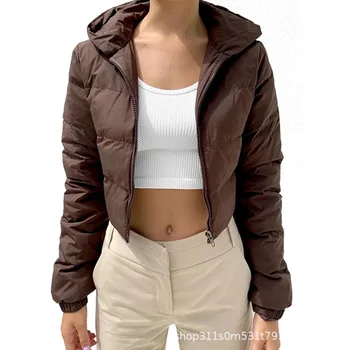 Короткая хлопковая куртка с капюшоном, однотонный хлопок ручной работы, зимняя женская повседневная куртка в стиле ретро, маленькая хлопковая куртка