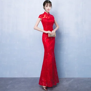 Красное Женское Свадебное Ципао в Восточном Стиле для Невесты, Элегантное Длинное Платье в Китайском Стиле, Роскошный Халат, Вечерние Платья Vestido S-4XL