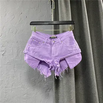 Летняя одежда, Новые сексуальные джинсовые шорты с низкой талией, женские горячие брюки с необработанным краем и кисточками, широкие брюки трапециевидной формы фиолетового цвета
