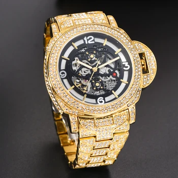 Механические часы для мужчин, золотые бриллиантовые большие автоматические часы для мужчин, водонепроницаемые Стильные наручные часы в стиле хип-хоп, Прямая поставка