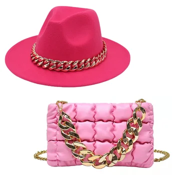 Модные женские шляпные аксессуары, клетчатая сумка и фетровая шляпа, комплект из двух предметов с роскошной цепочкой большого размера, вечерние джазовые фетровые шляпы для дам