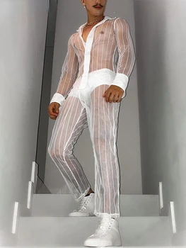 Модные мужские комплекты, Сетчатая лоскутная прозрачная Сексуальная Рубашка с лацканами и брюки с длинным рукавом 2023, уличная одежда, мужские костюмы-двойки INCERUN