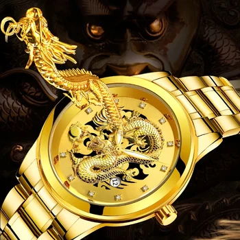 Модные Мужские часы С Китайским драконом, Золотые часы, Кварцевые часы с календарем из нержавеющей стали