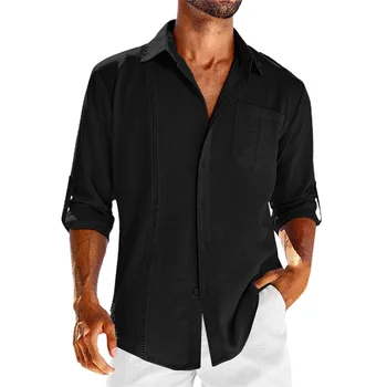Мужская Повседневная рубашка с воротником-лацканом, однотонная Жаккардовая блузка с проушиной, Длинный рукав, на пуговицах, Свободная Простая блузка с нагрудным карманом