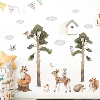 Мультяшные милые лесные животные, Олень, Лиса, Дерево, наклейка на стену, Акварельные виниловые наклейки для детской комнаты, домашний декор